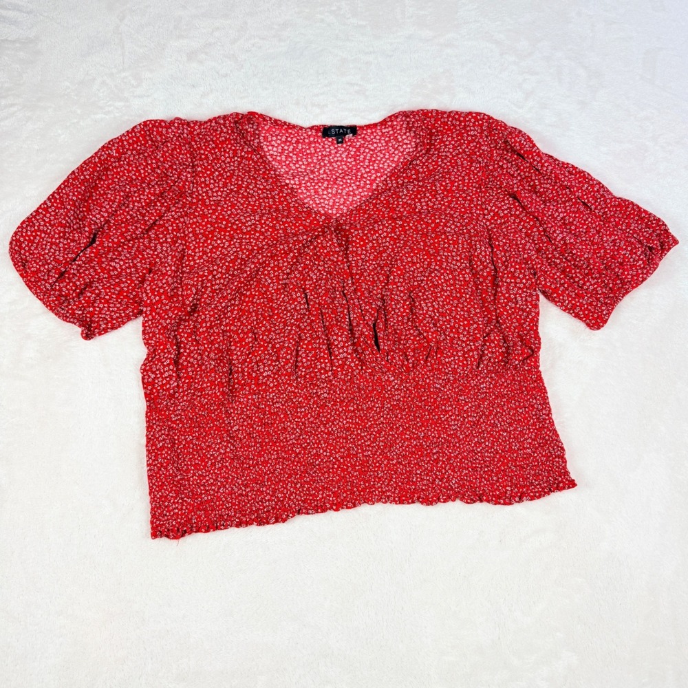 1.STATE Floral Smocked Waist Top Womens 2X Red Puff Sleeve V Neck Cottagecore